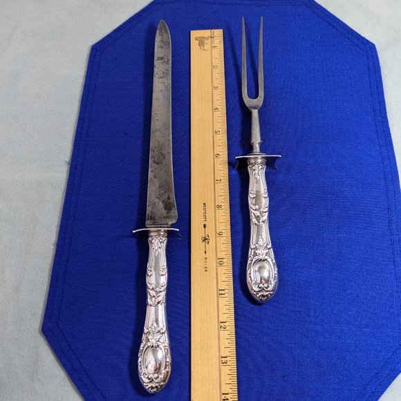 Antique British meat carving knife and fork set with sterling silver handles - Picture 3 of 8
